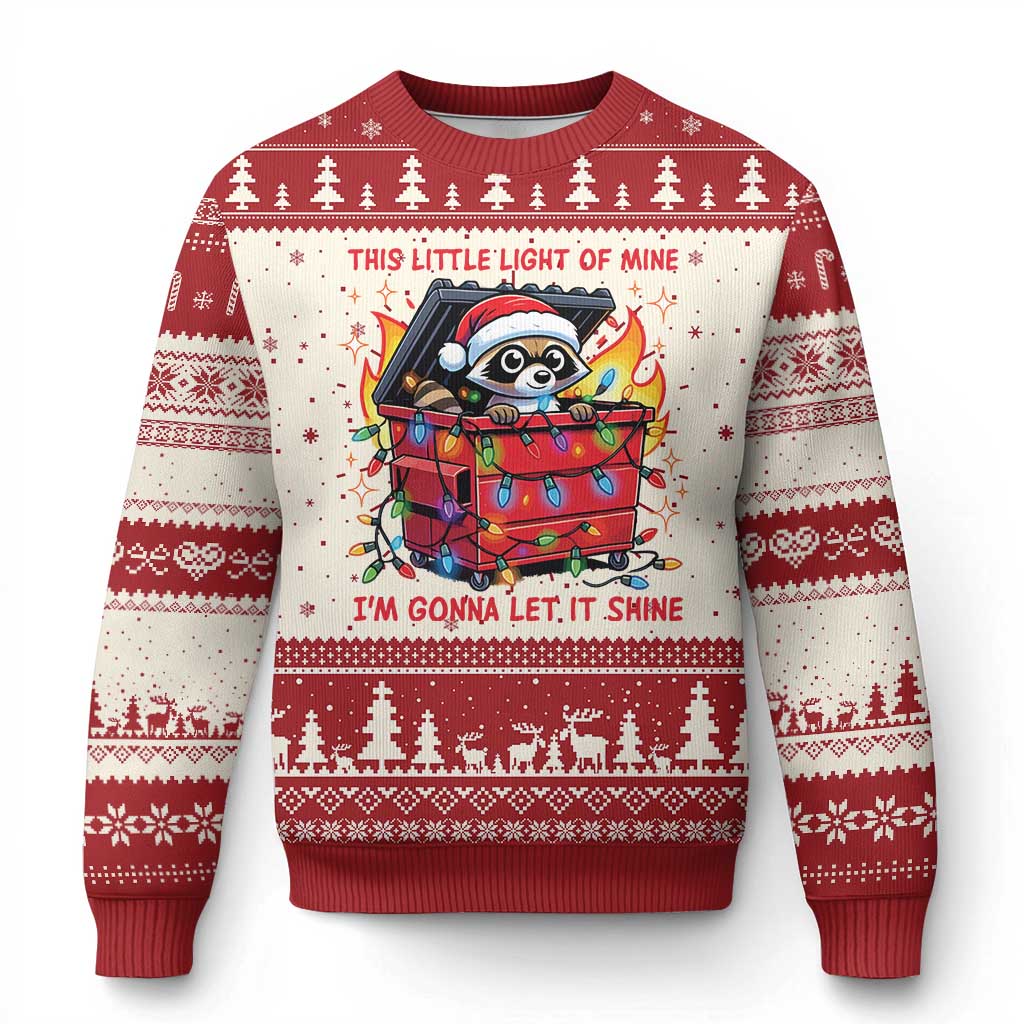 Red ugly Christmas sweater with penguin graphic, holiday text, and knit cuffs