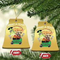 Gold bell-shaped Christmas ornaments with “WHAT A YEAR!” skeleton 2024, front and back views