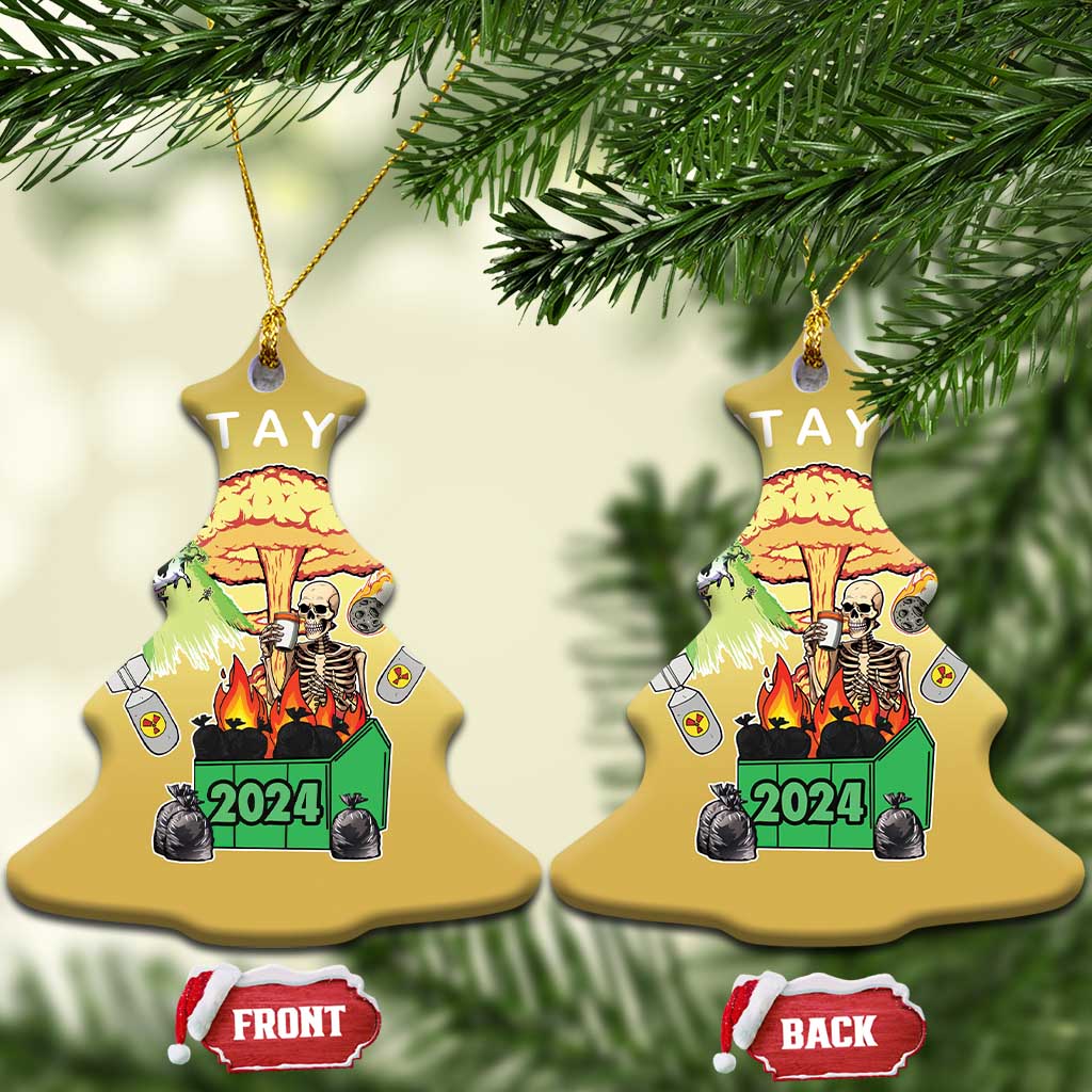 Gold bell-shaped Christmas ornaments with skeleton 2024, showing front and back tags