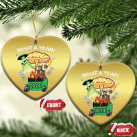 Gold heart Christmas ornaments with “WHAT A YEAR!” skeleton 2024, front and back views