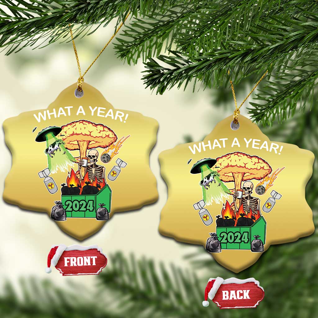 Gold heart Christmas ornaments with “WHAT A YEAR!” skeleton 2024, front and back views