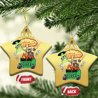 Gold star-shaped Christmas ornaments with “WHAT A YEAR!” skeleton 2024, front and back