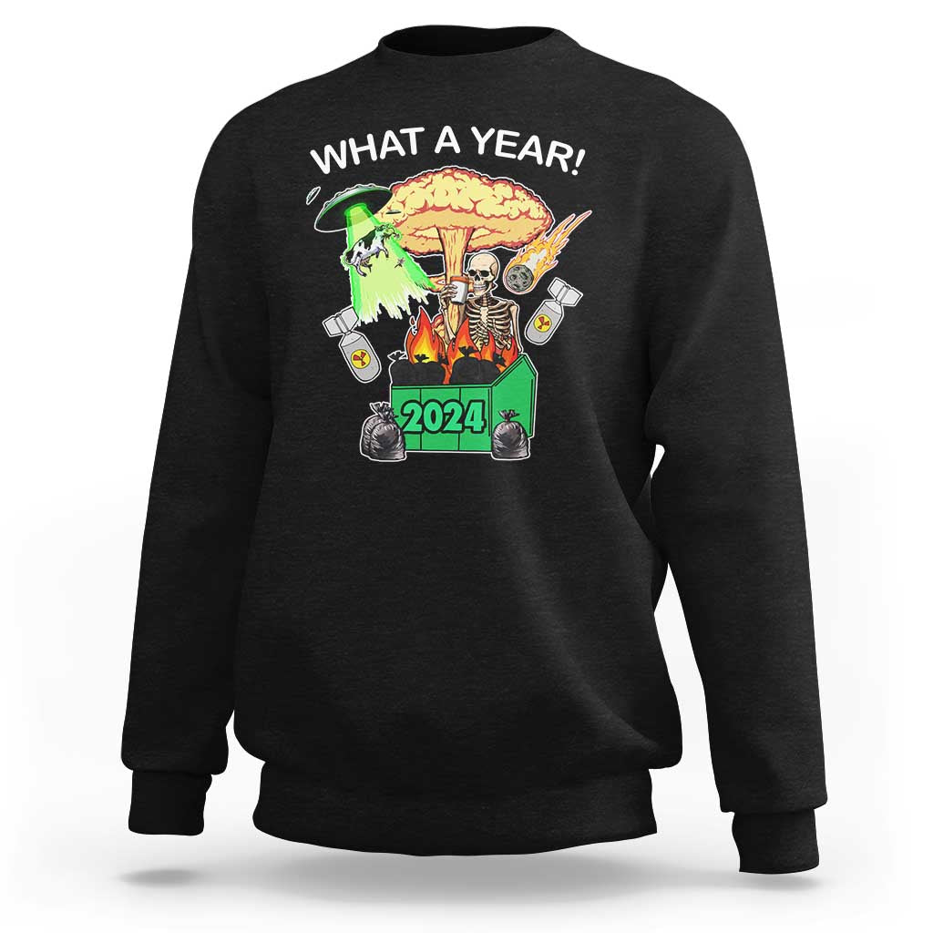 Black crewneck sweatshirt with 'WHAT A YEAR!' graphic and 2024 print