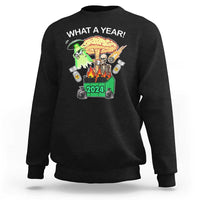 Black crewneck sweatshirt with 'WHAT A YEAR!' graphic and 2024 print