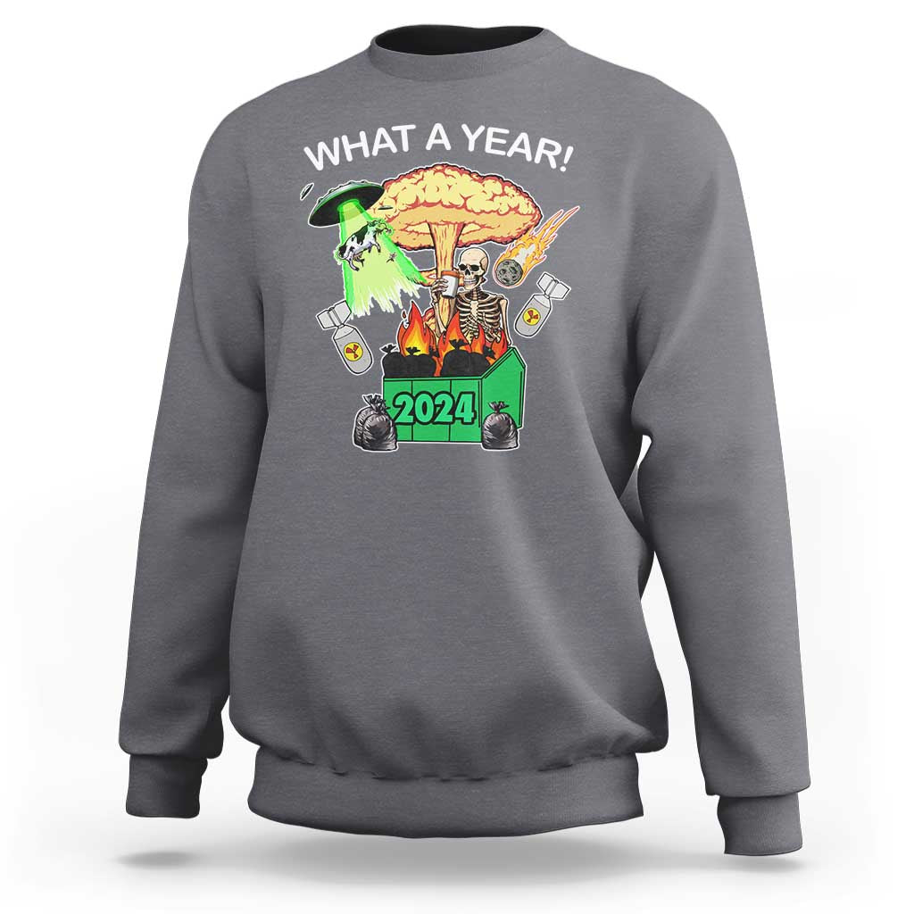 Charcoal gray crewneck sweatshirt with 'WHAT A YEAR!' graphic and 2024 print