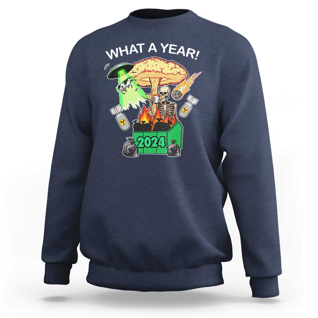 Navy crewneck sweatshirt with 'WHAT A YEAR!' graphic and 2024 print