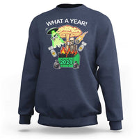 Navy crewneck sweatshirt with 'WHAT A YEAR!' graphic and 2024 print