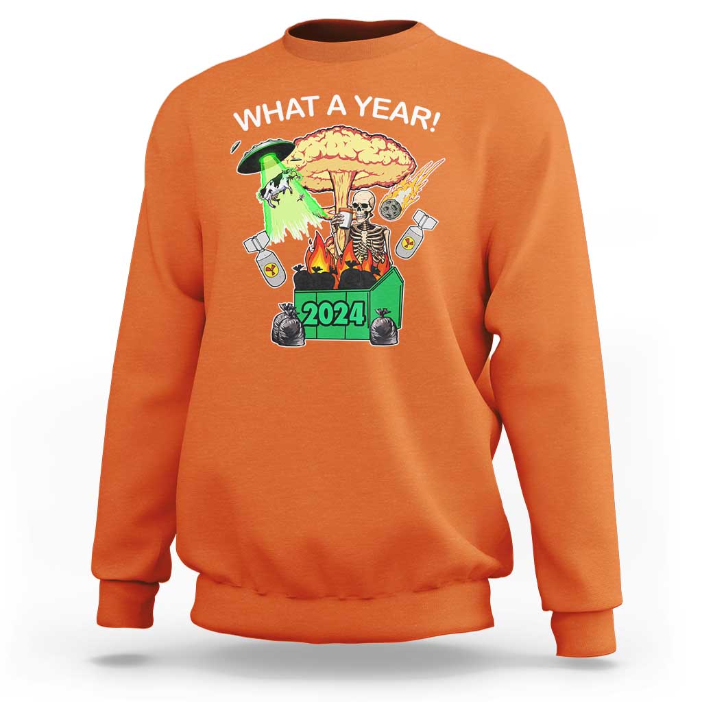 Orange crewneck sweatshirt with 'WHAT A YEAR!' graphic and 2024 print