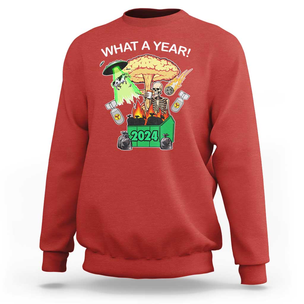 Red crewneck sweatshirt with 'WHAT A YEAR!' graphic and 2024 print