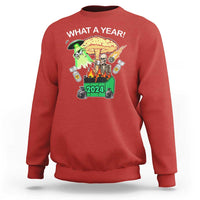 Red crewneck sweatshirt with 'WHAT A YEAR!' graphic and 2024 print