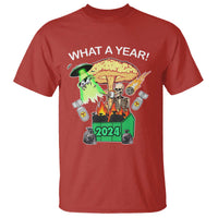 Red crewneck T-shirt with colorful “WHAT A YEAR!” graphic and 2024 print