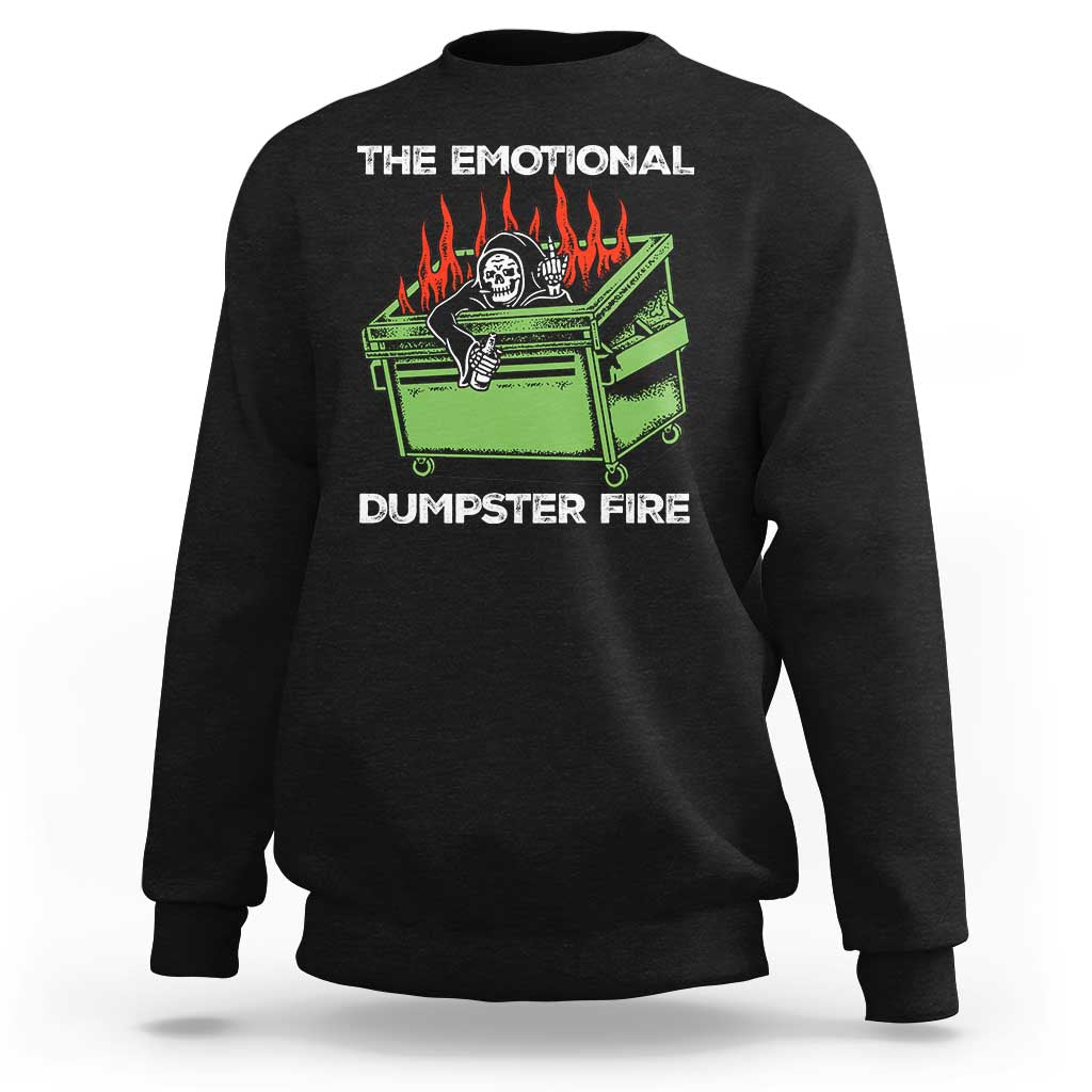 Black crewneck sweatshirt with flaming skull dumpster graphic on front.