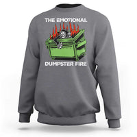Charcoal crewneck sweatshirt with flaming skull dumpster graphic on front.