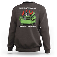 Dark chocolate crewneck sweatshirt with flaming skull dumpster graphic on front.