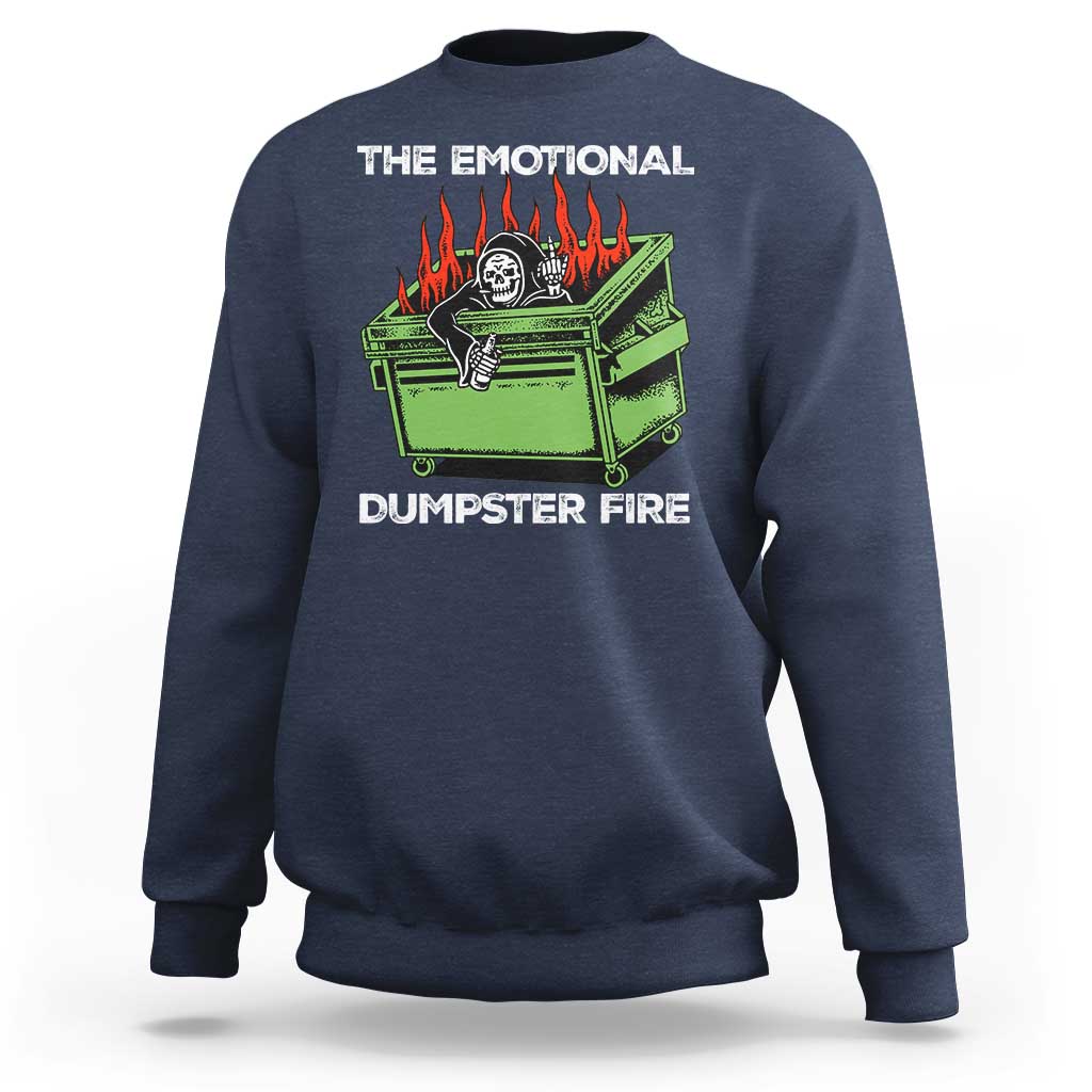 Navy crewneck sweatshirt with flaming skull dumpster graphic on front.