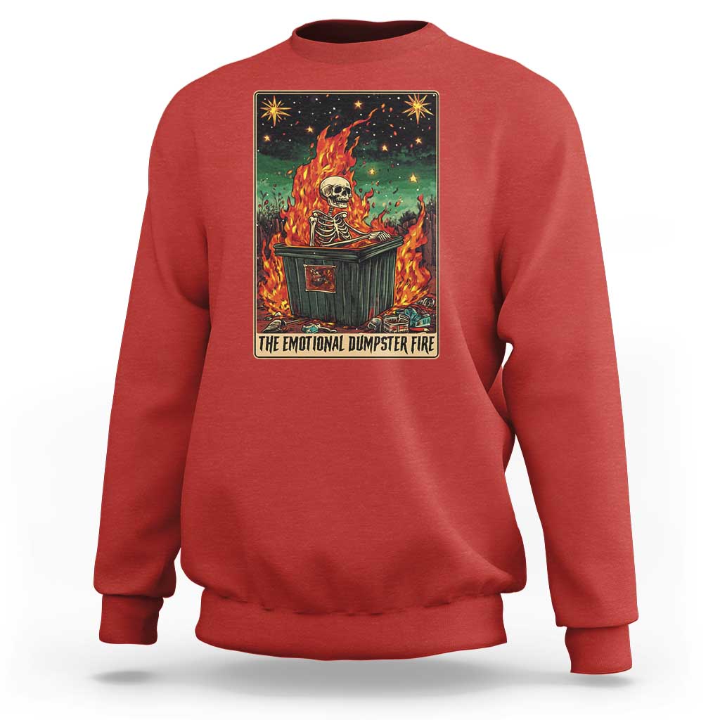 Red crewneck sweatshirt with flaming skeleton dumpster graphic, long sleeves