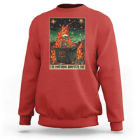 Red crewneck sweatshirt with flaming skeleton dumpster graphic, long sleeves