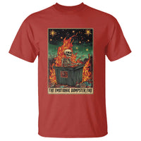 Red skeleton tarot graphic T-shirt with fiery flame skull over trash can artwork