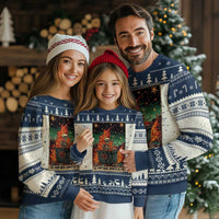 Navy ugly Christmas sweater with snowy tree pattern and dumpster fire graphic