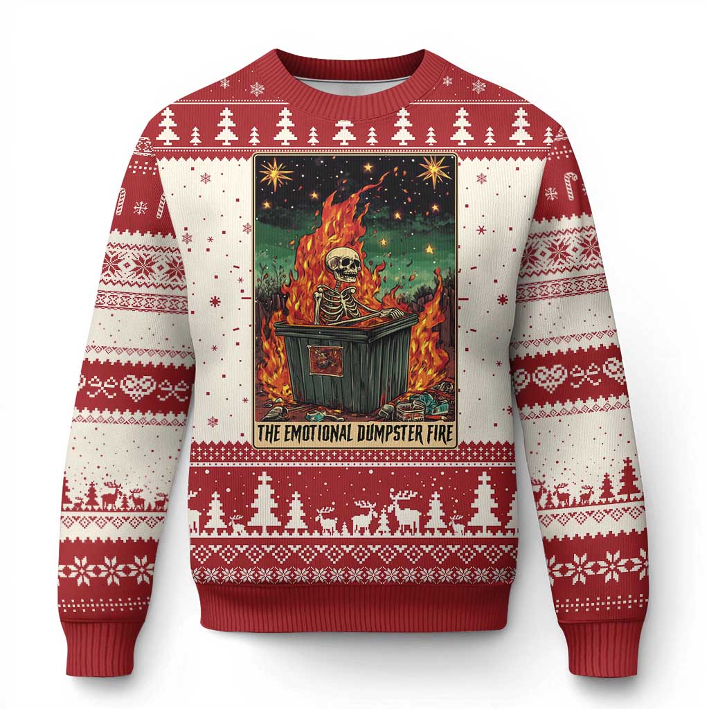 Red and white ugly Christmas sweater with dumpster fire tarot card graphic