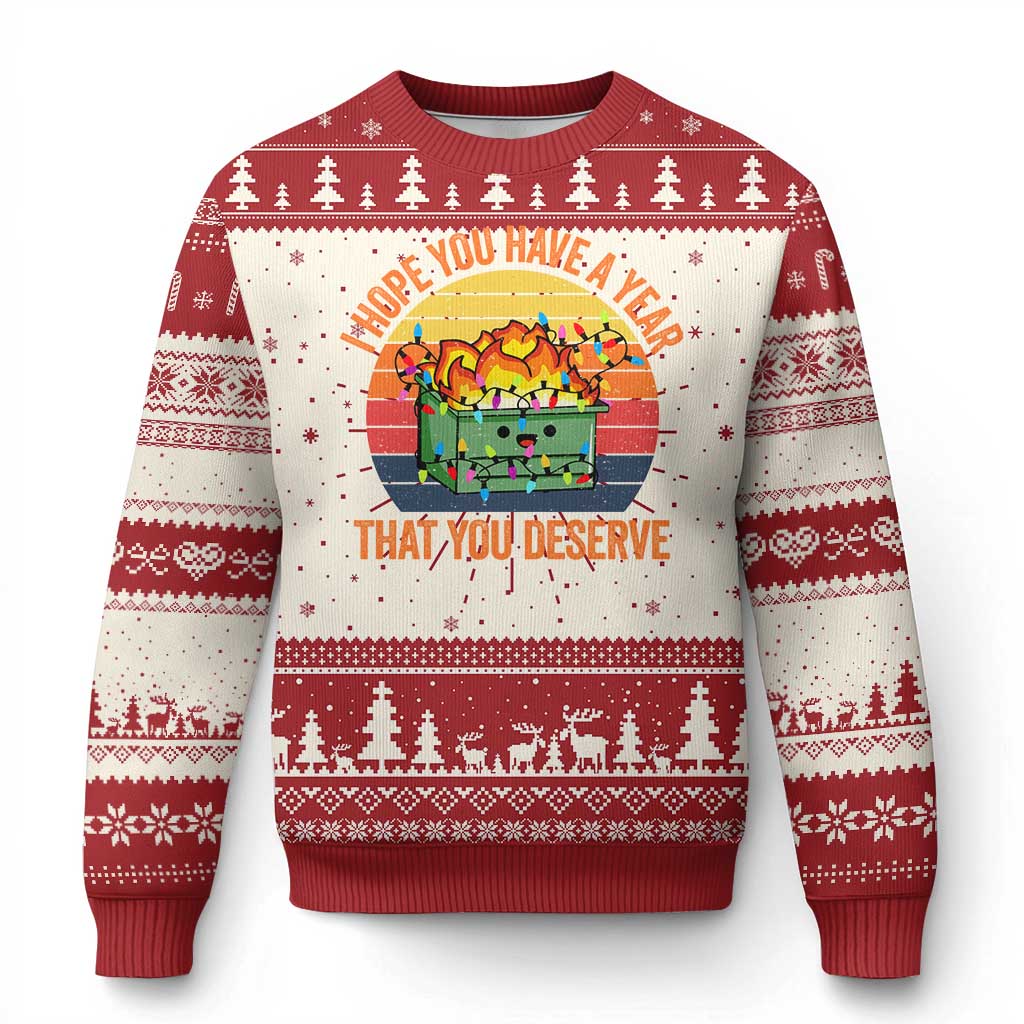 Red ugly Christmas sweater with festive trees and fiery dumpster graphic