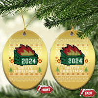 Gold oval ornament with 2024 fire graphic and festive text, shown side by side