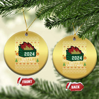 Gold round Christmas ornament with 2024 fire graphic, shown front and back views
