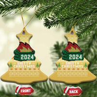Gold Christmas tree-shaped ornament with 2024 fire graphic and festive text