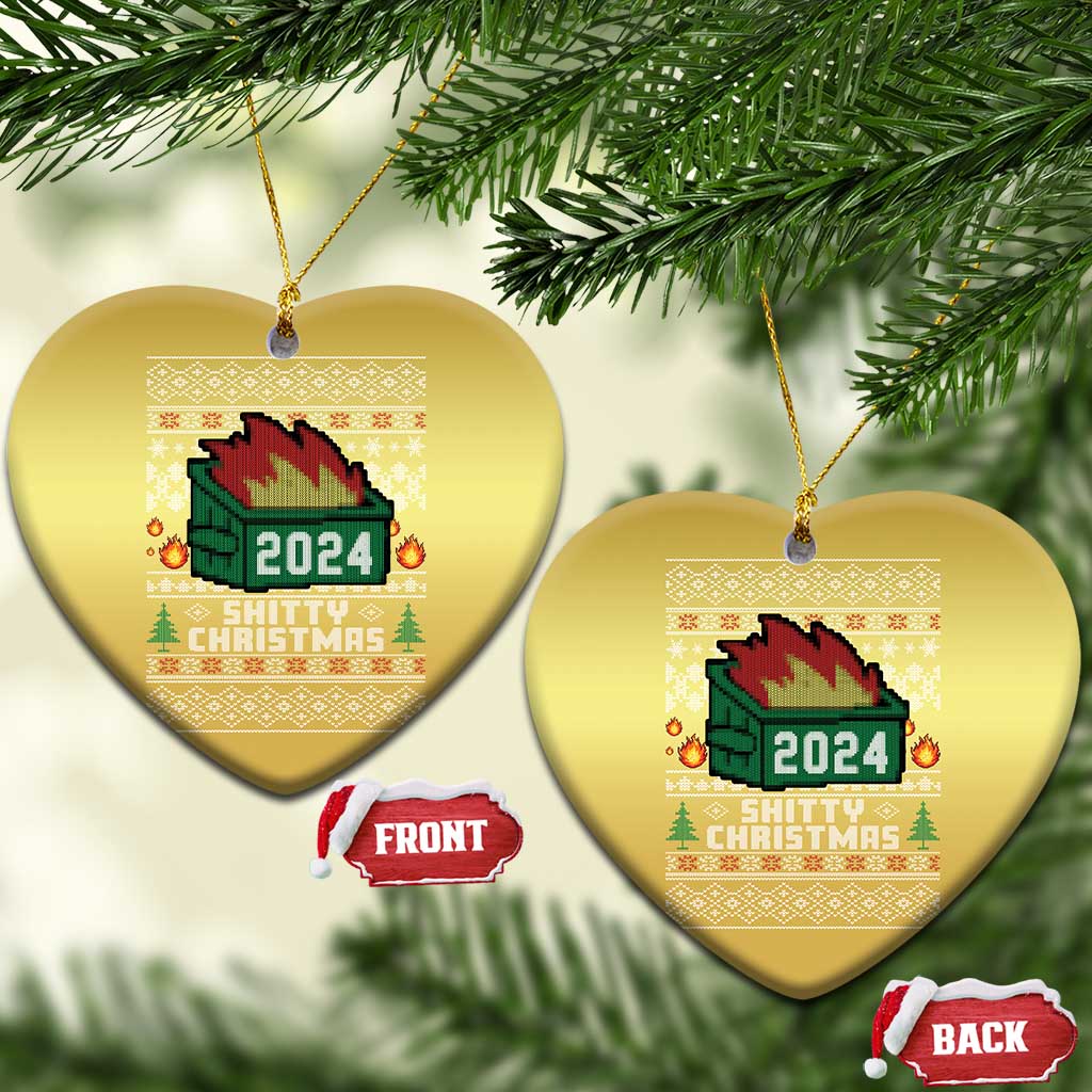 Gold heart-shaped ornament with 2024 fire graphic and festive text, front and back