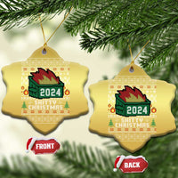 Gold snowflake-shaped ornament with 2024 fire graphic and festive text, front/back
