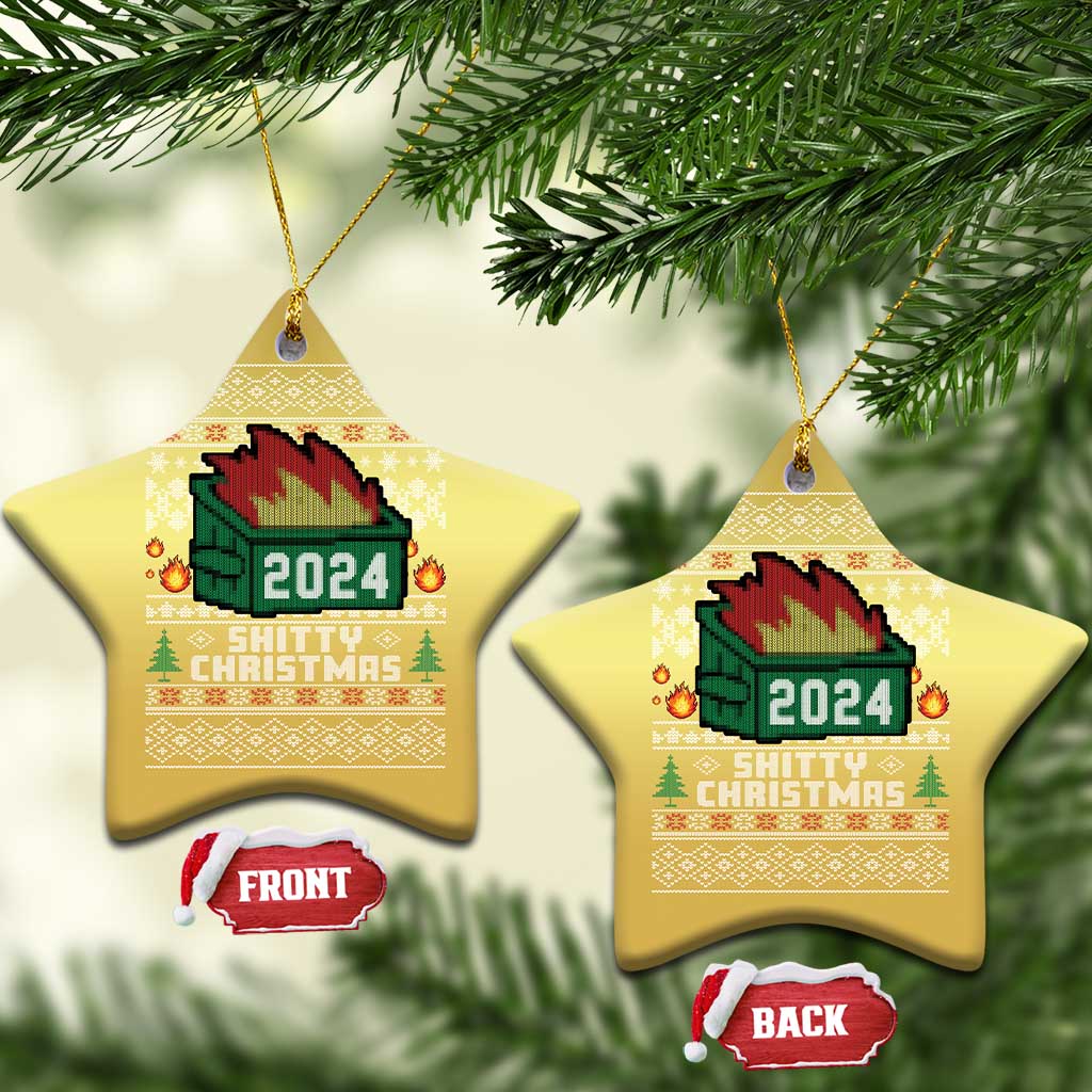 Gold star-shaped ornament with 2024 fire graphic and festive text, front and back