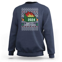 Navy crewneck sweatshirt with 2024 holiday graphic and Christmas tree design