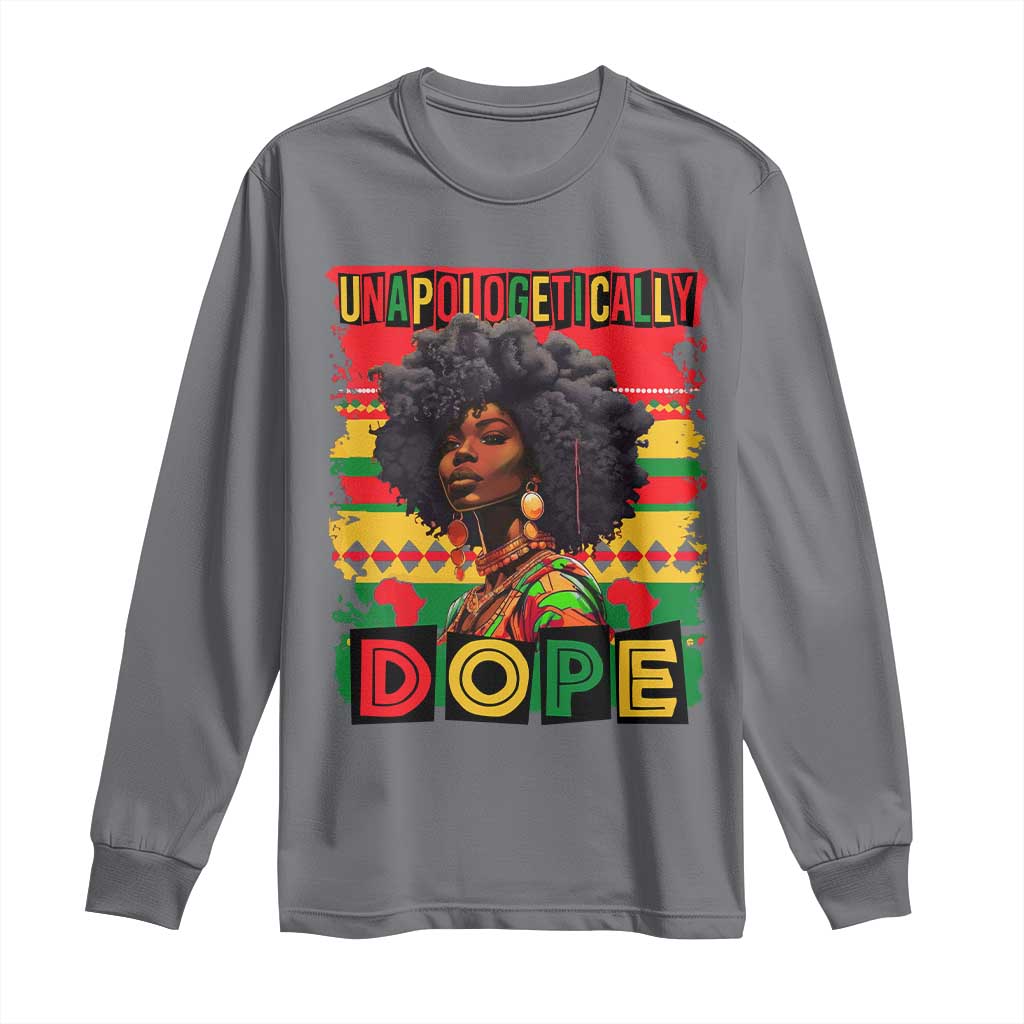 Charcoal long sleeve T-shirt with “Unapologetically Dope” graphic portrait print