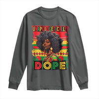 Dark heather long sleeve T-shirt with “Unapologetically Dope” graphic portrait print