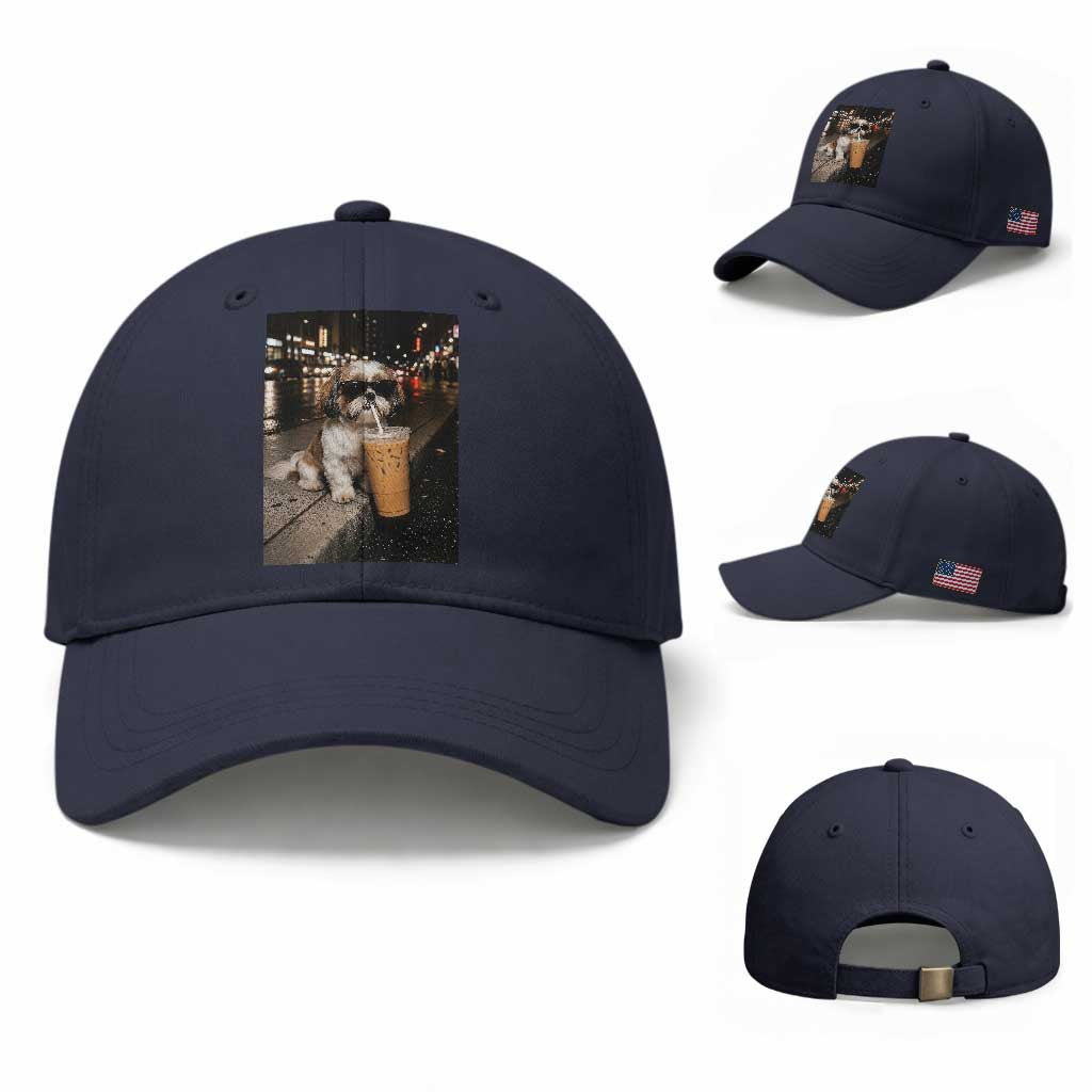 Funny Shih Tzu Drinking Iced Coffee Baseball Cap Vintage Dog Lover