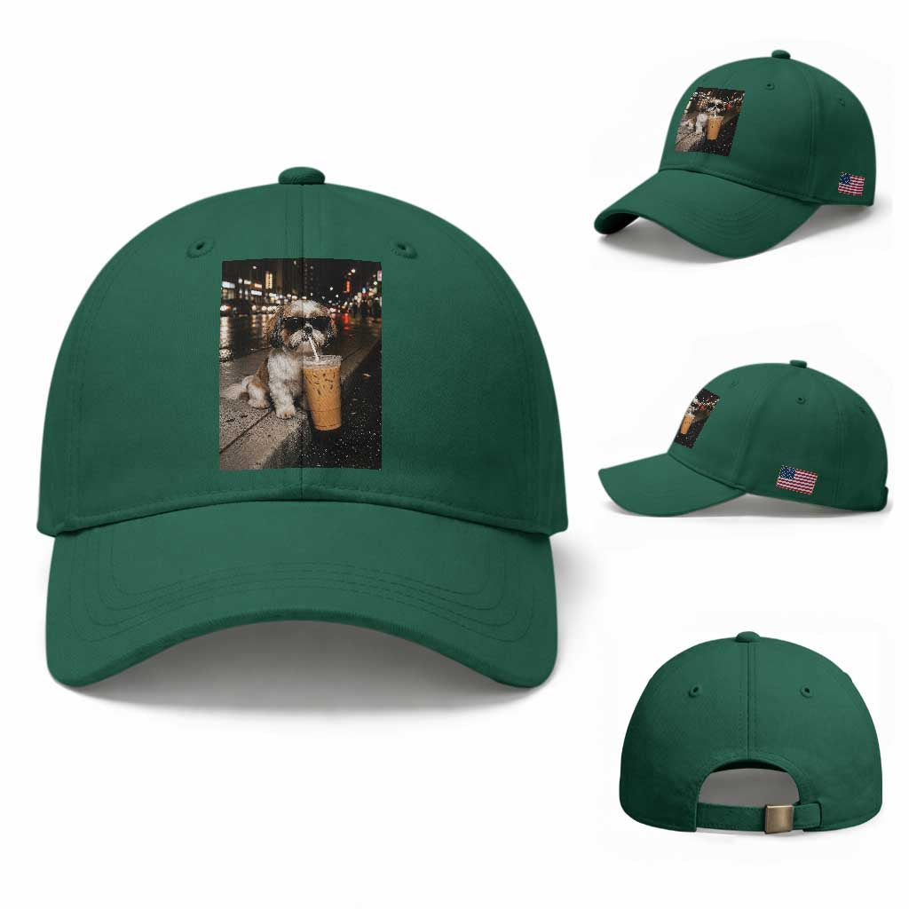 Funny Shih Tzu Drinking Iced Coffee Baseball Cap Vintage Dog Lover