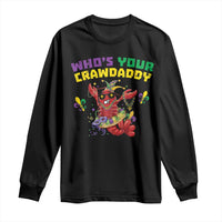 Black long-sleeve shirt with colorful crawfish jester graphic and slogan text