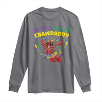 Charcoal long-sleeve shirt with colorful crawfish jester graphic and slogan text