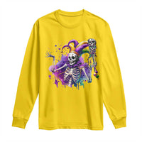 Daisy yellow long-sleeve shirt with jester skeleton skull graphic and splatter print