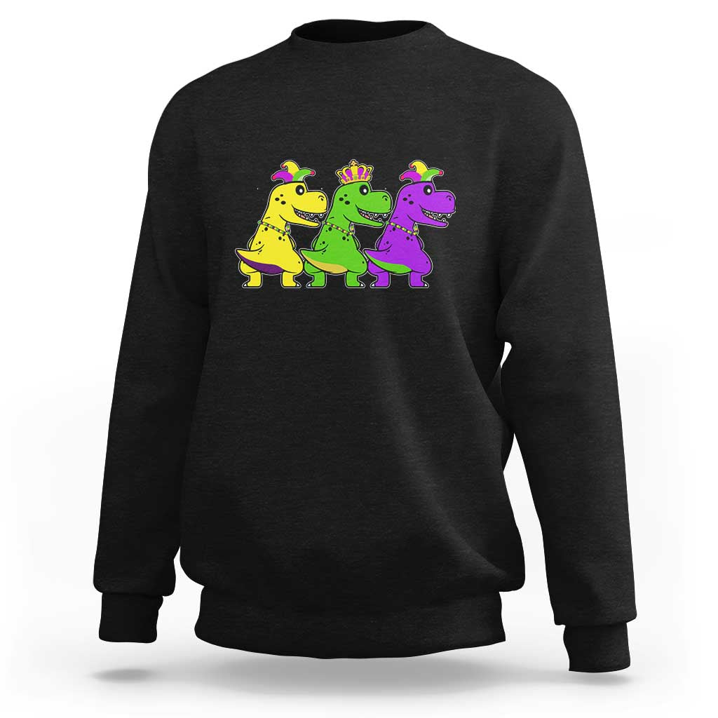 Kids crewneck sweatshirt, dark charcoal with colorful dino graphic on front.