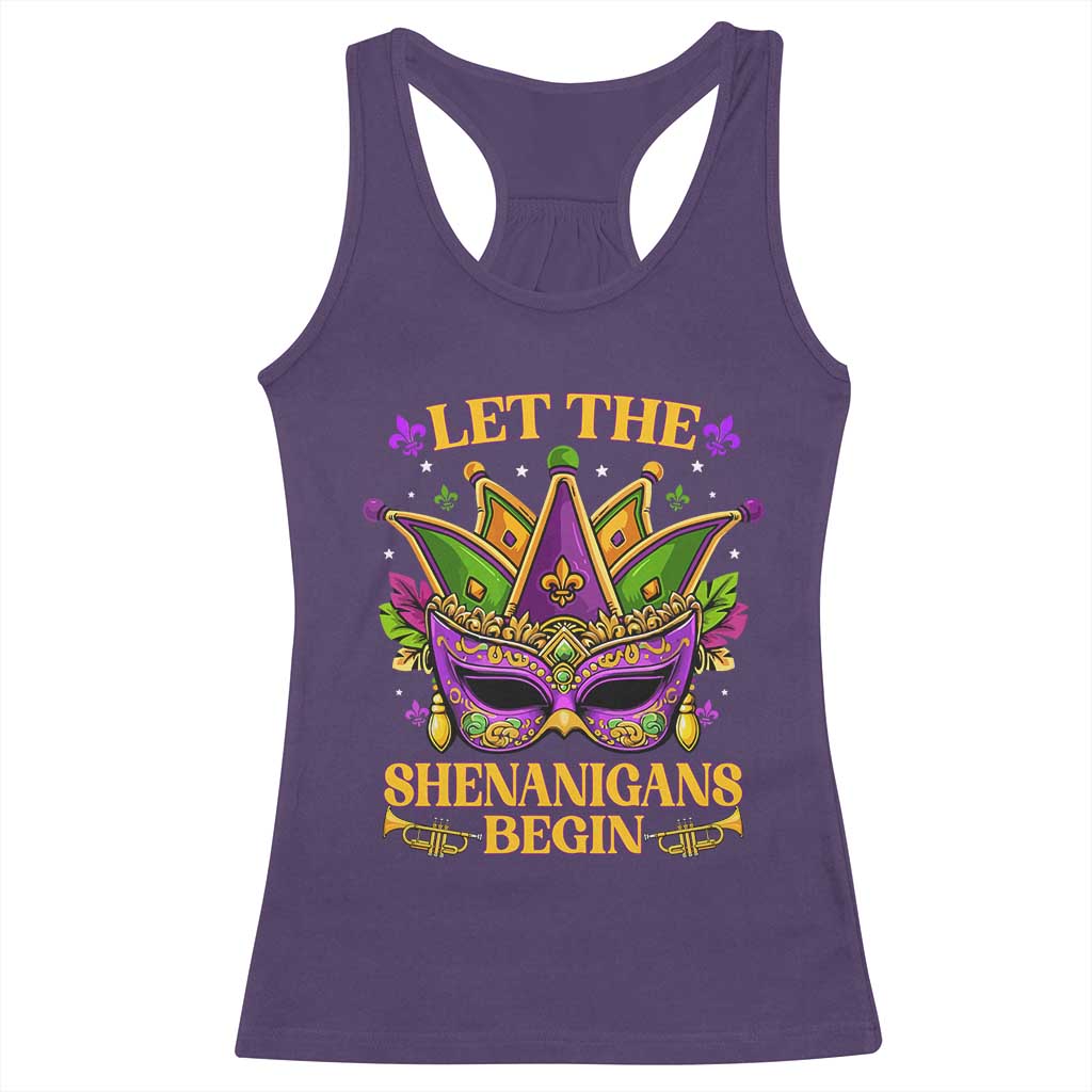 Let The Shenanigans Begin Mardi Gras Racerback Tank Top Masquerade Mask Beads