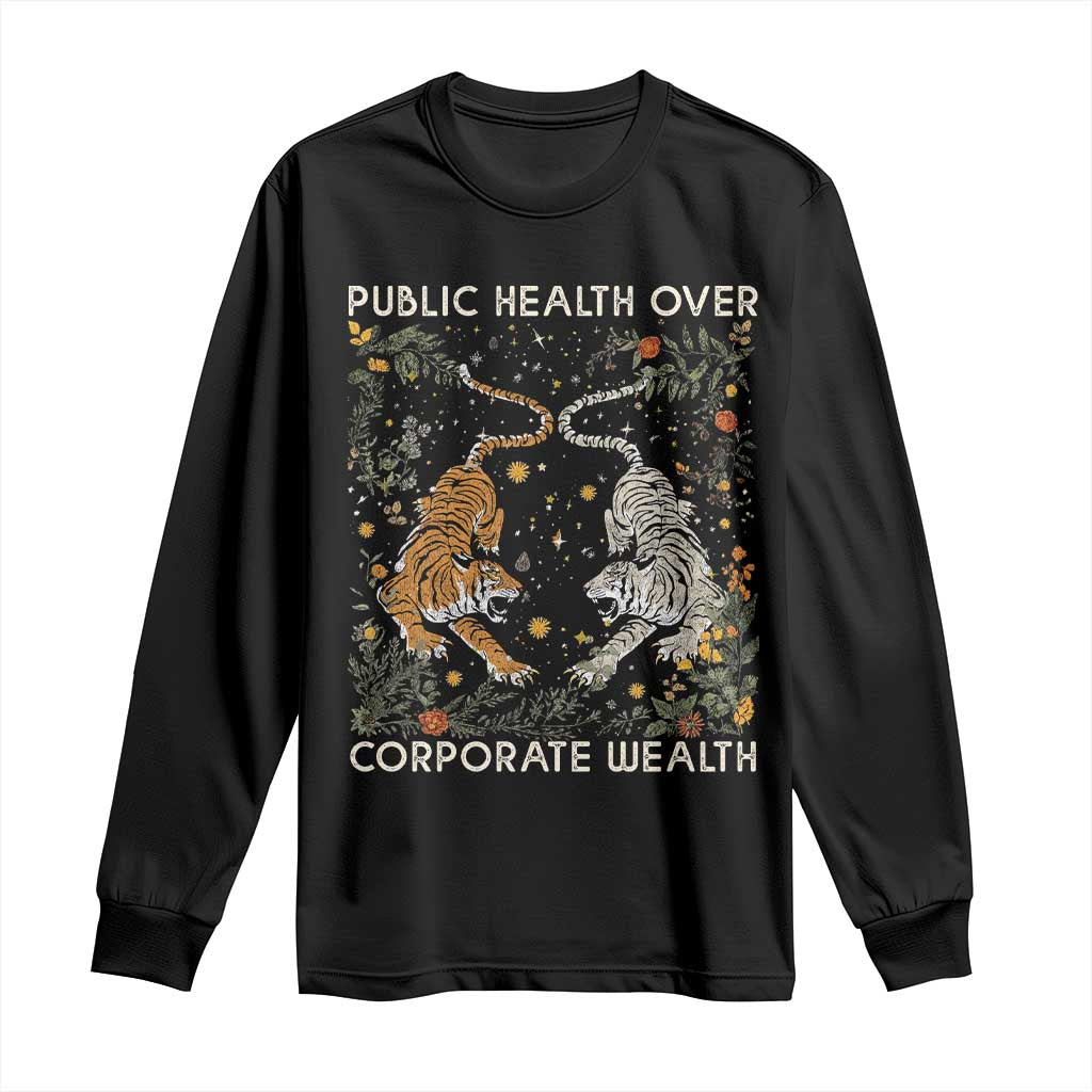 Black long sleeve shirt with tiger graphic and 'Public Health Over Corporate Wealth' print