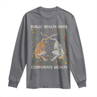 Charcoal long sleeve shirt with tiger graphic and 'Public Health Over Corporate Wealth' print