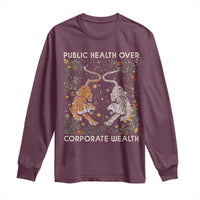 Maroon long sleeve shirt with tiger graphic and 'Public Health Over Corporate Wealth' print