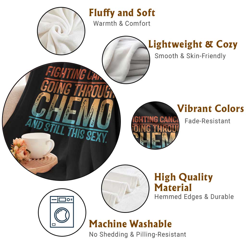 Black throw blanket with "CHEMO" quote and product benefit icons for softness and care