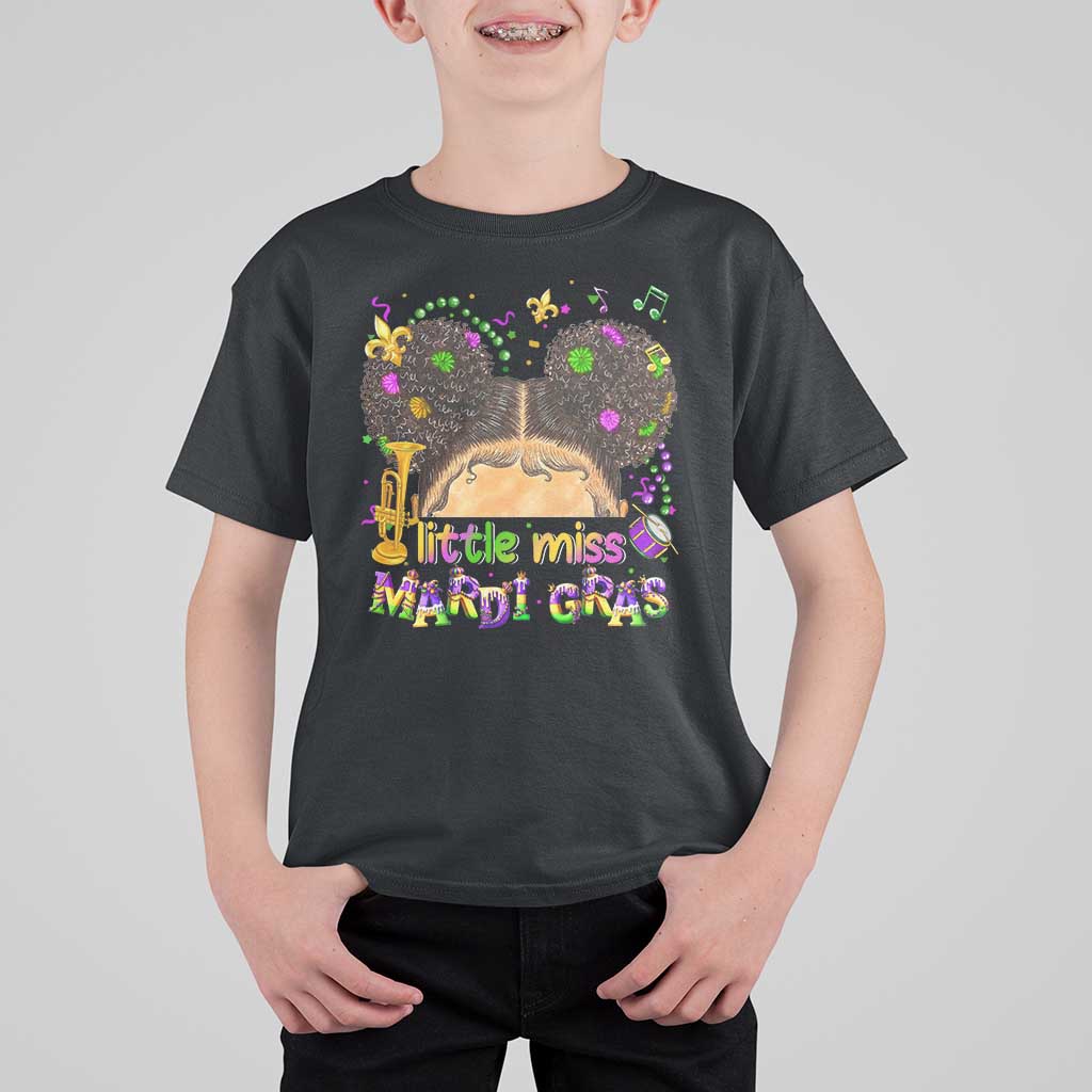 Little Miss Mardi Gras Afro Messy Bun Girls T Shirt For Kid