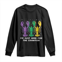 Black long-sleeve T-shirt with colorful crawfish graphic and “I’m Just Here For The Crawfish” text