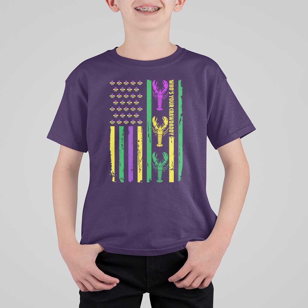 Funny Mardi Gras Crawfish T Shirt For Kid Whos Your Crawdaddy USA American Flag Carnival