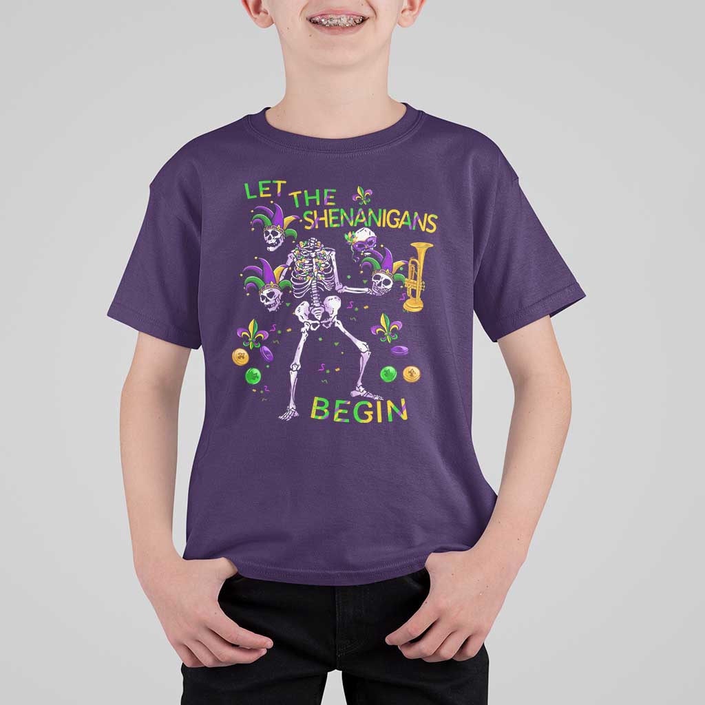 Funny Mardi Gras T Shirt For Kid Let The Shenanigans Begin Juggling Skeleton