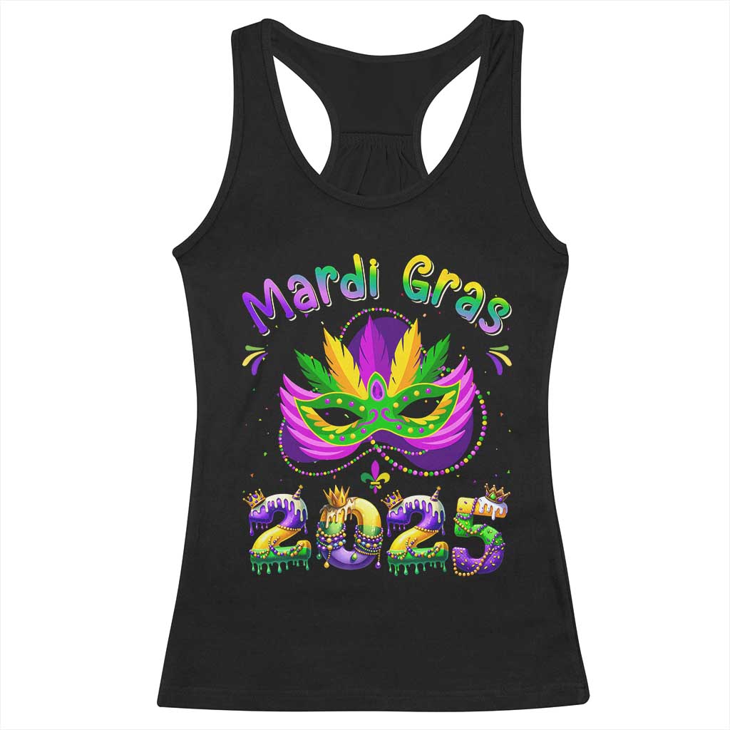 Happy Mardi Gras 2025 Racerback Tank Top Masquerade Mask Carnival New Orleans Trip